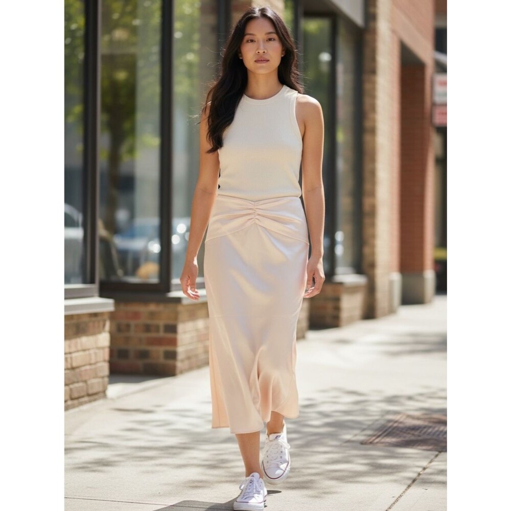More To Come- Women's Cream Satin Twist-Front Midi Skirt Size Medium